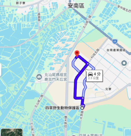 Map showing Supplier A's proximity to Tainan City Sicao Wildlife Refuge